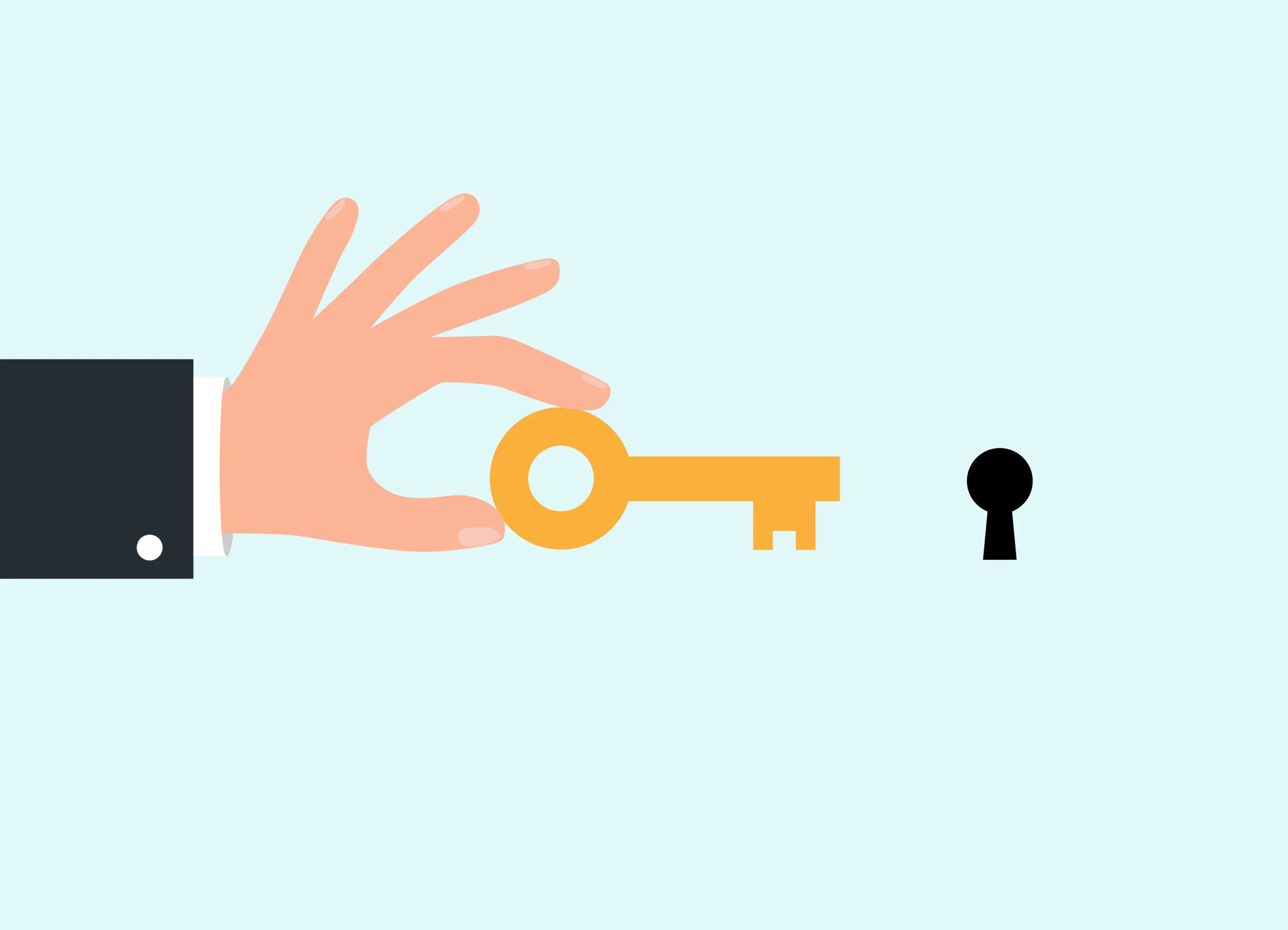 Hand in black suit holding golden key with keyhole. Open door lock. Vector illustration flat design. Unlock opening. Real estate template sales, rental, advertising Hand in black suit holding golden key with keyhole. Open door lock. Vector illustration flat design. Unlock opening. Real estate template for sales, rental, advertising