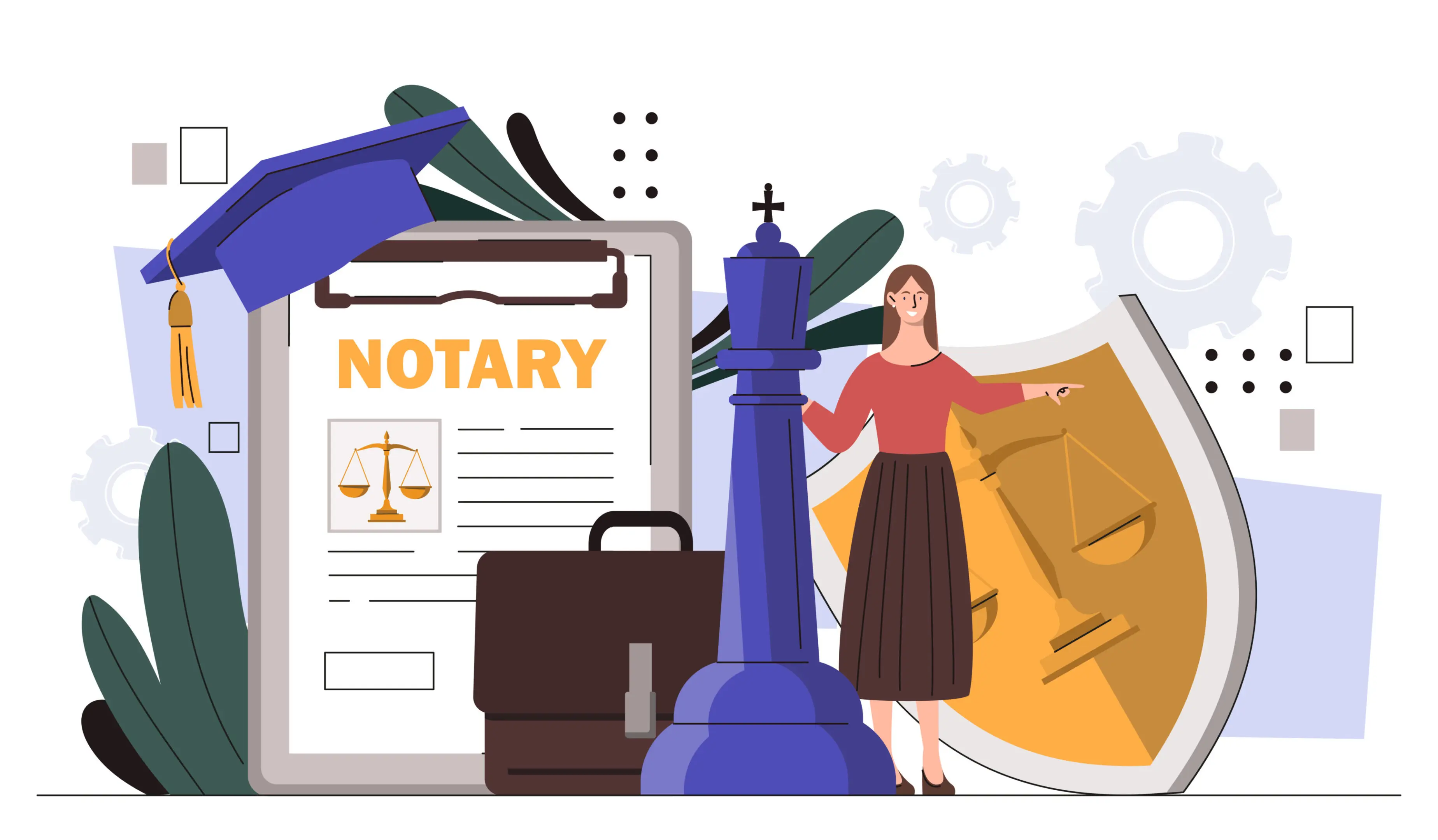 Notary service online vector concept Notary service online concept. Woman with shield with scales and briefcase. Legal support of deals, lawyer with jurisprudence. Cartoon flat vector illustration isolated on white background