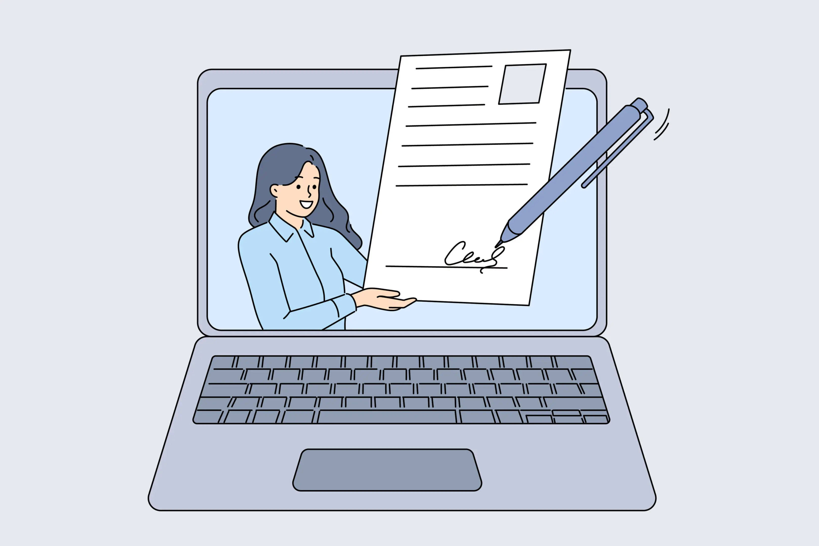 Business woman receives electronic signature documents on laptop screen and approves contract online Business woman receives electronic signature of documents on laptop screen and approves contract online. Concept digitalization of bureaucracy and electronic signature for verification of contracts